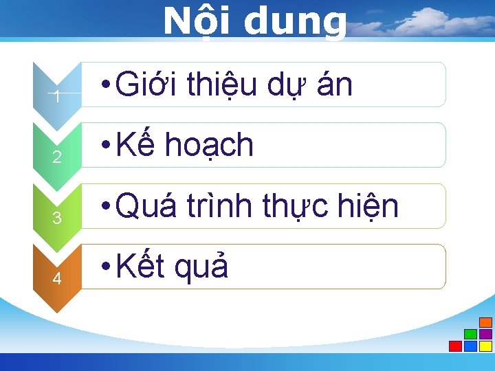 Nội dung 1 • Giới thiệu dự án 2 • Kế hoạch 3 •