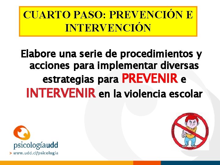 CUARTO PASO: PREVENCIÓN E INTERVENCIÓN Elabore una serie de procedimientos y acciones para implementar