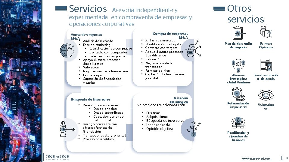 Servicios Asesoría independiente y experimentada en compraventa de empresas y operaciones corporativas Venta de