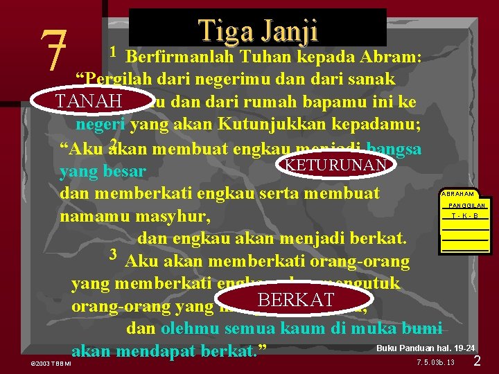 7 Genesis. Janji 12 Tiga 1 Berfirmanlah Tuhan kepada Abram: “Pergilah dari negerimu dan