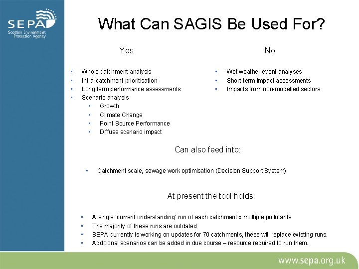 What Can SAGIS Be Used For? Yes • • No Whole catchment analysis Intra-catchment