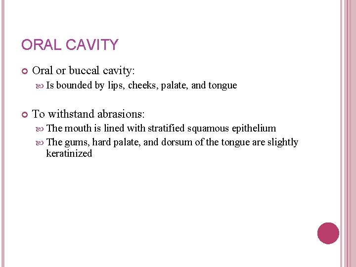 ORAL CAVITY Oral or buccal cavity: Is bounded by lips, cheeks, palate, and tongue ORAL CAVITY Oral or buccal cavity: Is bounded by lips, cheeks, palate, and tongue