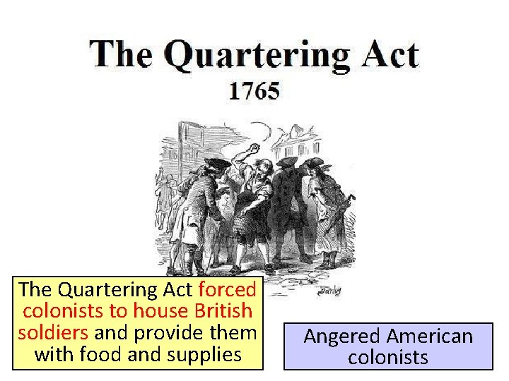 The Quartering Act forced colonists to house British soldiers and provide them with food