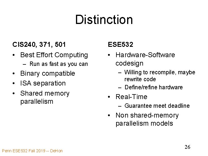 Distinction CIS 240, 371, 501 ESE 532 • Best Effort Computing • Hardware-Software codesign