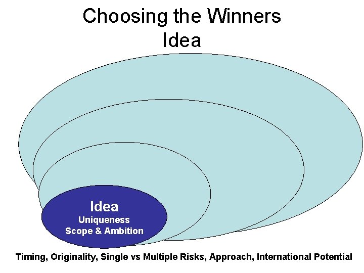 Choosing the Winners Idea Uniqueness Scope & Ambition Timing, Originality, Single vs Multiple Risks,