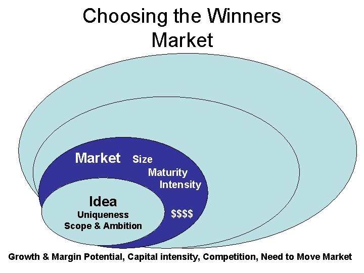 Choosing the Winners Market Size Maturity Intensity Idea Uniqueness Scope & Ambition $$$$ Growth