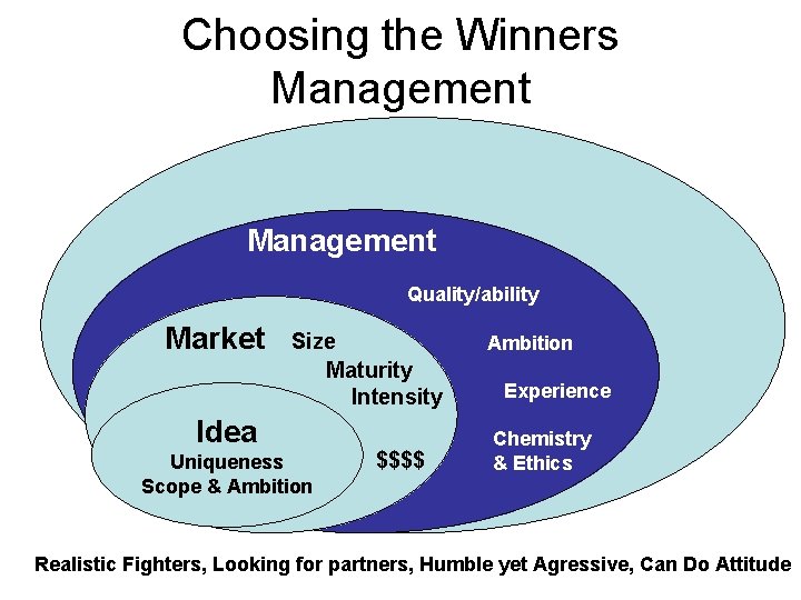 Choosing the Winners Management Quality/ability Market Size Maturity Intensity Idea Uniqueness Scope & Ambition