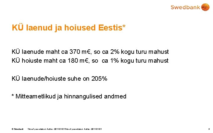 KÜ laenud ja hoiused Eestis* KÜ laenude maht ca 370 m€, so ca 2%