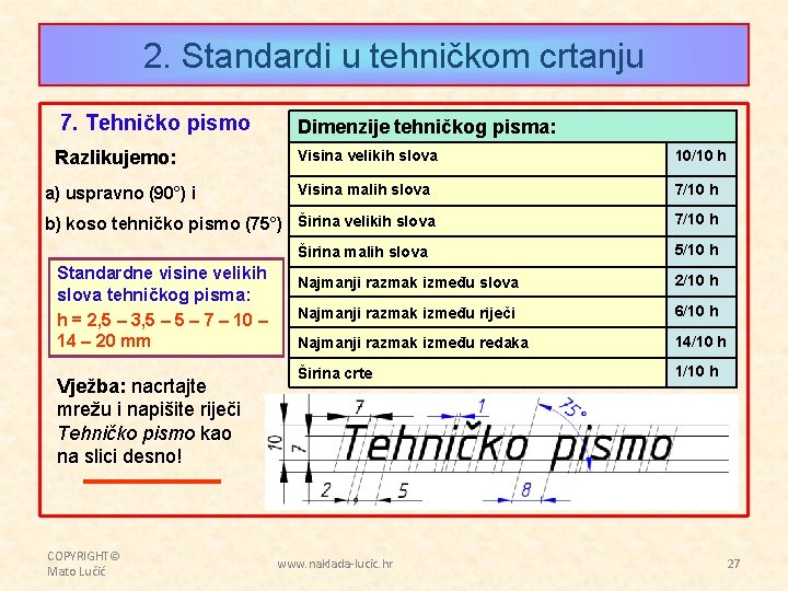2. Standardi u tehničkom crtanju 7. Tehničko pismo Razlikujemo: a) uspravno (90°) i Dimenzije