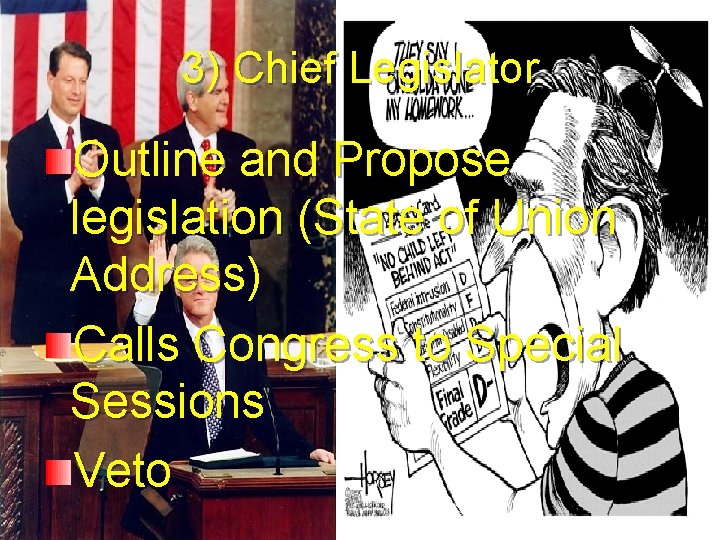 3) Chief Legislator Outline and Propose legislation (State of Union Address) Calls Congress to