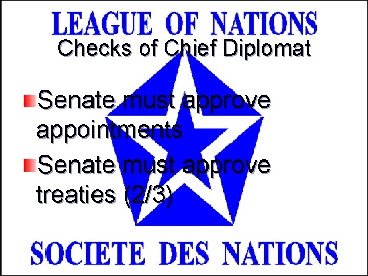 Checks of Chief Diplomat Senate must approve appointments Senate must approve treaties (2/3) 