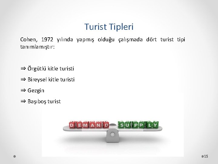 Turist Tipleri Cohen, 1972 yılında yapmış olduğu çalışmada dört turist tipi tanımlamıştır: ⇒ Örgütlü