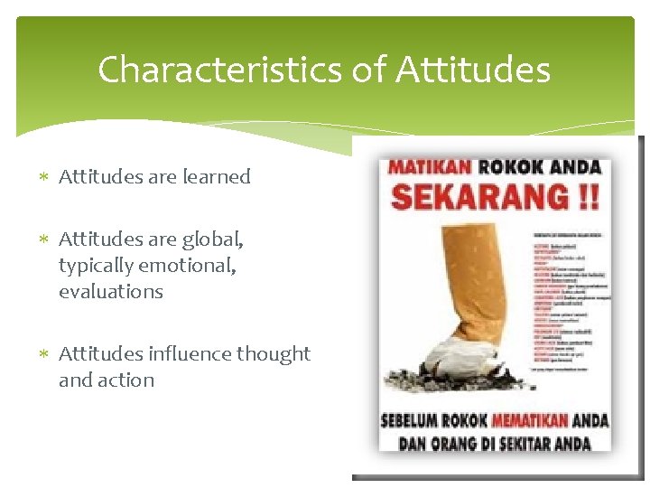 Characteristics of Attitudes are learned Attitudes are global, typically emotional, evaluations Attitudes influence thought