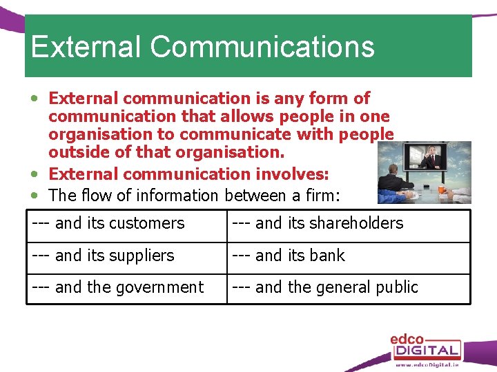 External Communications External communication is any form of communication that allows people in one