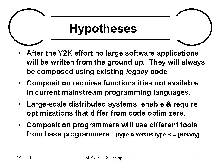 Hypotheses • After the Y 2 K effort no large software applications will be