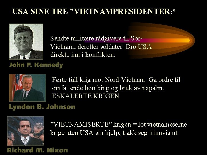 USA SINE TRE ”VIETNAMPRESIDENTER: ” Sendte militære rådgivere til Sør. Vietnam, deretter soldater. Dro