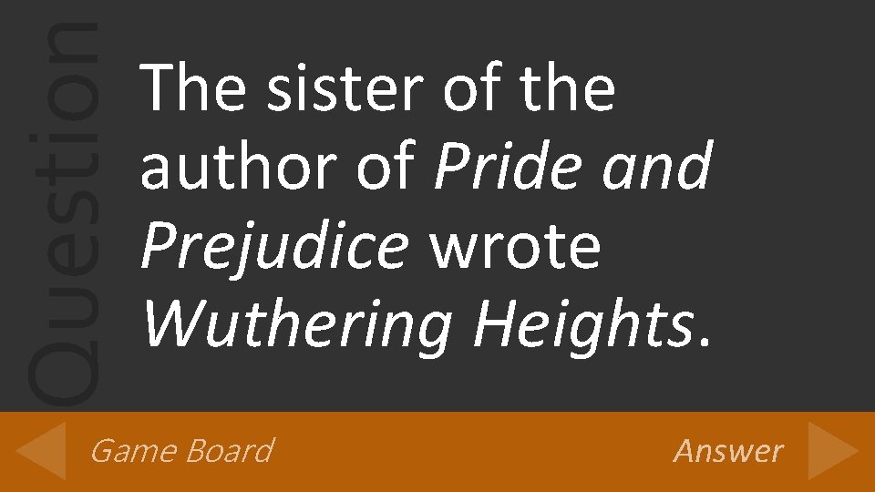 Question The sister of the author of Pride and Prejudice wrote Wuthering Heights. Game