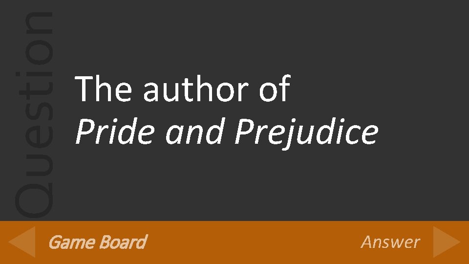 Question The author of Pride and Prejudice Game Board Answer 