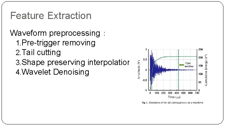 Feature Extraction Waveform preprocessing： 1. Pre-trigger removing 2. Tail cutting 3. Shape preserving interpolation