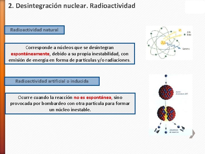 2. Desintegración nuclear. Radioactividad natural Corresponde a núcleos que se desintegran espontáneamente, debido a