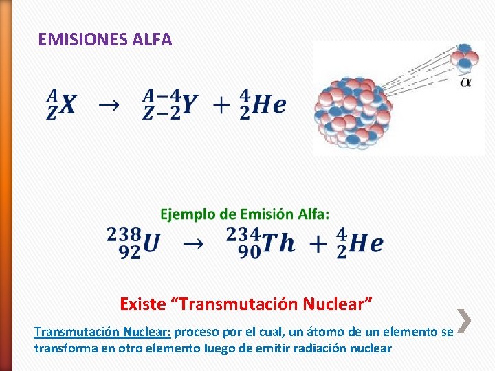 EMISIONES ALFA Existe “Transmutación Nuclear” Transmutación Nuclear: proceso por el cual, un átomo de