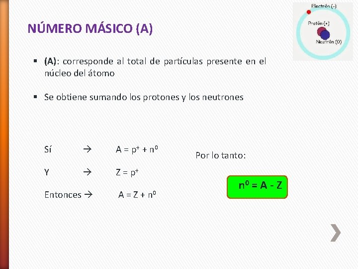 NÚMERO MÁSICO (A) § (A): corresponde al total de partículas presente en el núcleo