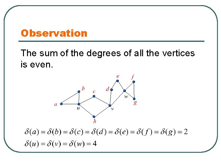 Observation The sum of the degrees of all the vertices is even. 