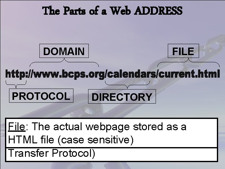 The Parts of a Web ADDRESS DOMAIN PROTOCOL FILE DIRECTORY File: Domain: Directory: The