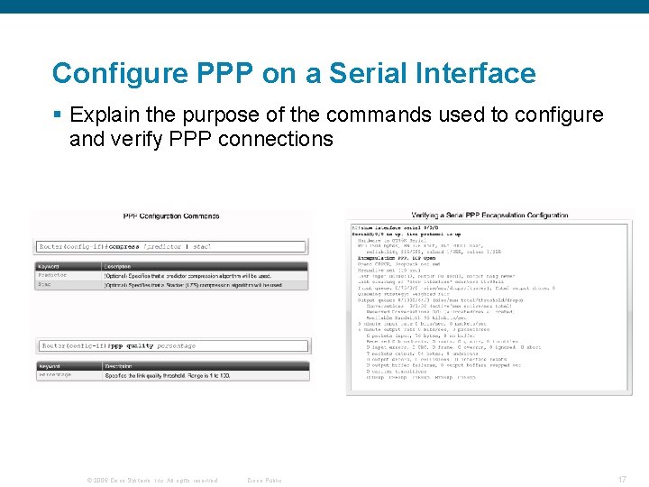 Configure PPP on a Serial Interface § Explain the purpose of the commands used