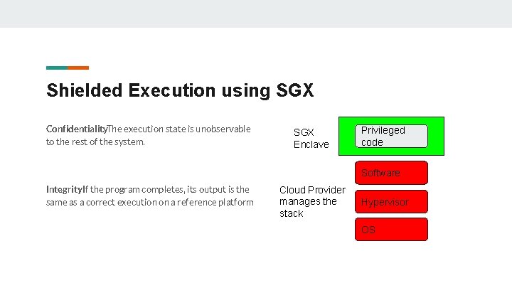 Shielded Execution using SGX Confidentiality : The execution state is unobservable to the rest Shielded Execution using SGX Confidentiality : The execution state is unobservable to the rest