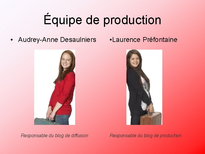 Équipe de production • Audrey-Anne Desaulniers Responsable du blog de diffusion • Laurence Préfontaine