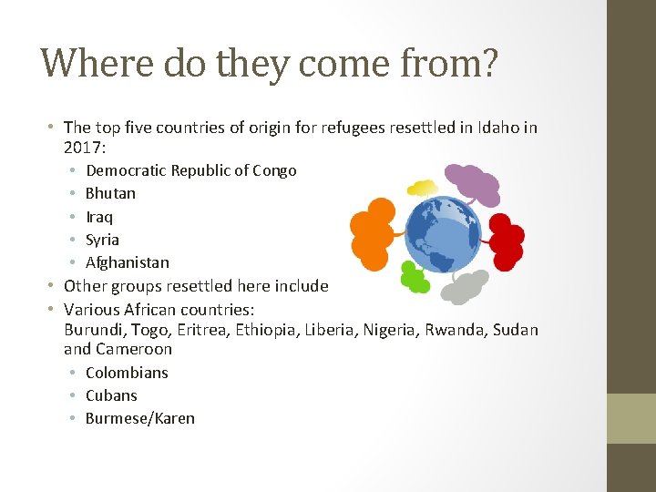 Where do they come from? • The top five countries of origin for refugees