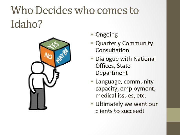 Who Decides who comes to Idaho? • Ongoing • Quarterly Community Consultation • Dialogue