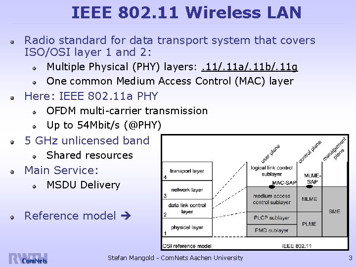 IEEE 802. 11 Wireless LAN Radio standard for data transport system that covers ISO/OSI