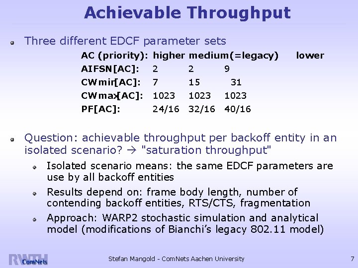 Achievable Throughput Three different EDCF parameter sets AC (priority): higher medium(=legacy) AIFSN[AC]: CWmin[AC]: CWmax[AC]: