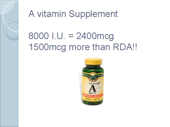 A vitamin Supplement 8000 I. U. = 2400 mcg 1500 mcg more than RDA!!