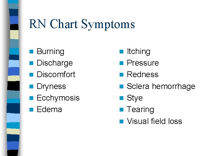 RN Chart Symptoms n n n Burning Discharge Discomfort Dryness Ecchymosis Edema n n