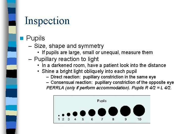 Inspection n Pupils – Size, shape and symmetry • If pupils are large, small