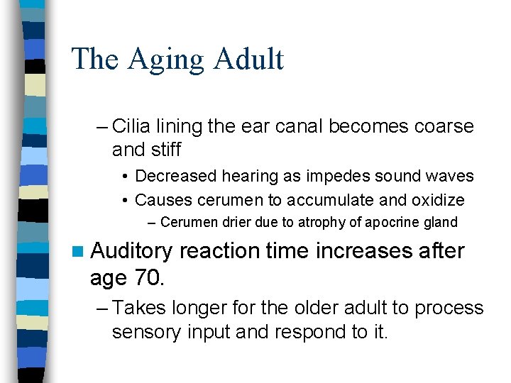 The Aging Adult – Cilia lining the ear canal becomes coarse and stiff •