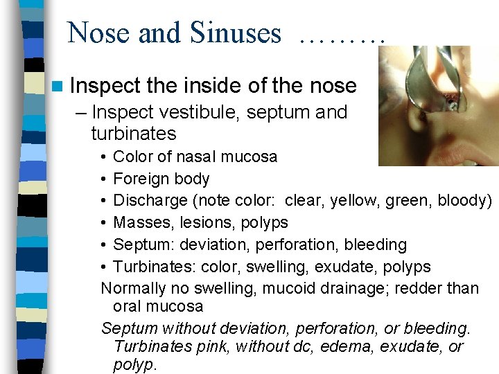 Nose and Sinuses ……… n Inspect the inside of the nose – Inspect vestibule,