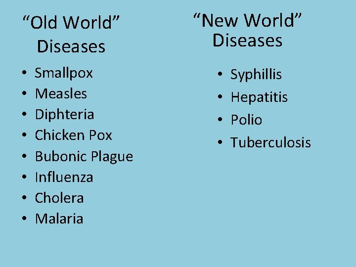 “Old World” Diseases • • Smallpox Measles Diphteria Chicken Pox Bubonic Plague Influenza Cholera