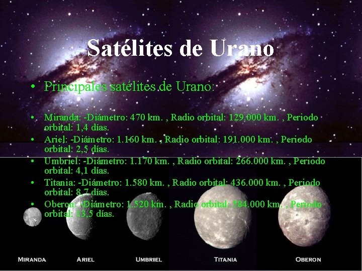Satélites de Urano • Principales satélites de Urano: • Miranda: -Diámetro: 470 km. ,