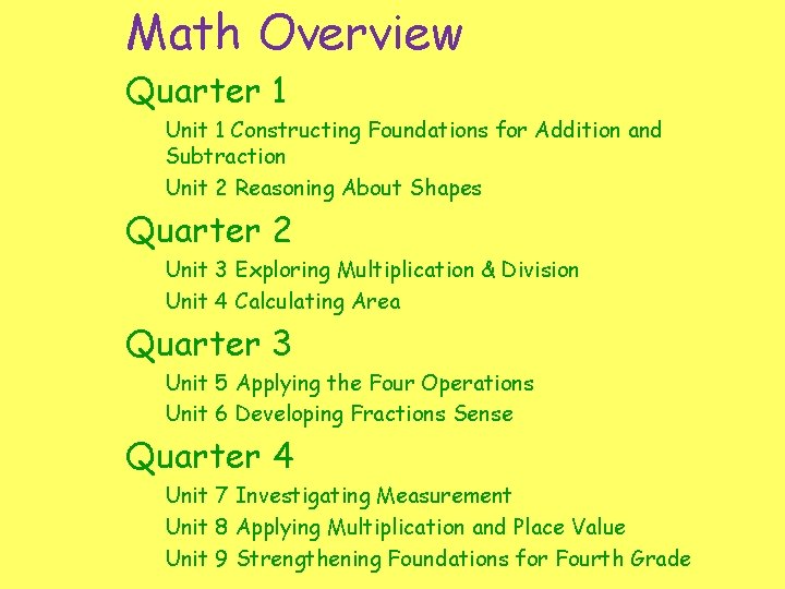 Math Overview Quarter 1 Unit 1 Constructing Foundations for Addition and Subtraction Unit 2