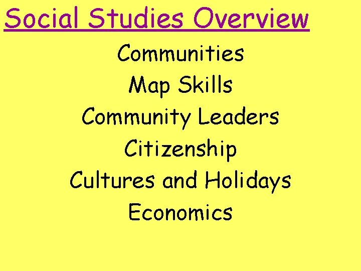 Social Studies Overview Communities Map Skills Community Leaders Citizenship Cultures and Holidays Economics 