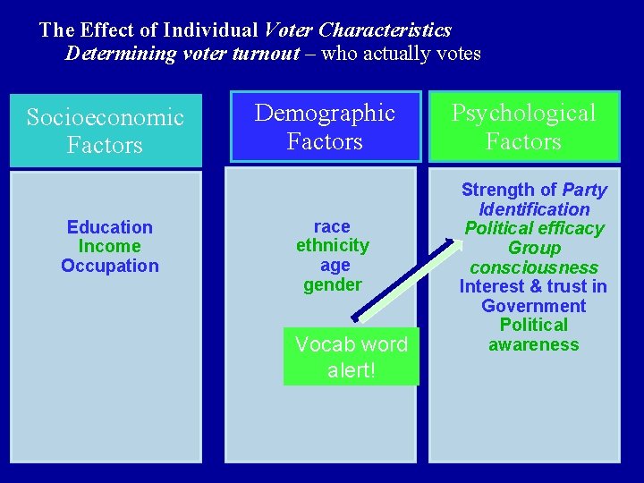 The Effect of Individual Voter Characteristics Determining voter turnout – who actually votes Socioeconomic