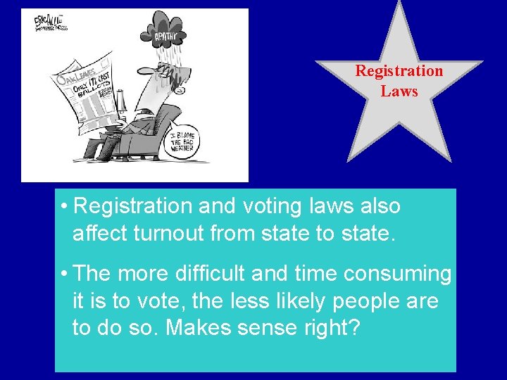 Registration Laws • Registration and voting laws also affect turnout from state to state.