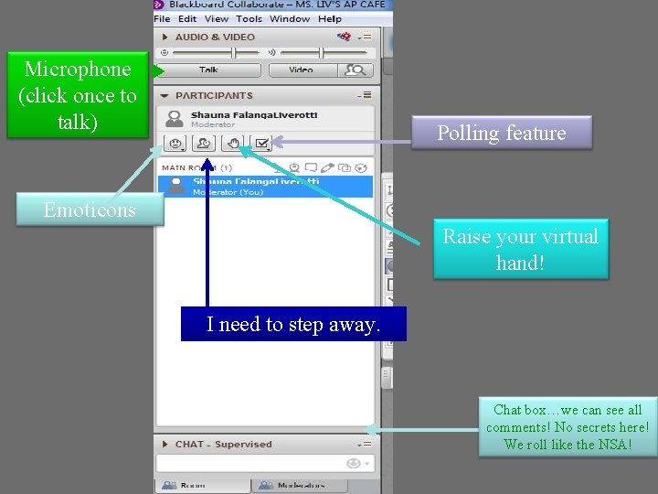 Microphone (click once to talk) Polling feature Emoticons Raise your virtual hand! I need