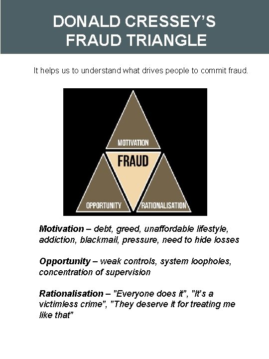 DONALD CRESSEY’S FRAUD TRIANGLE It helps us to understand what drives people to commit