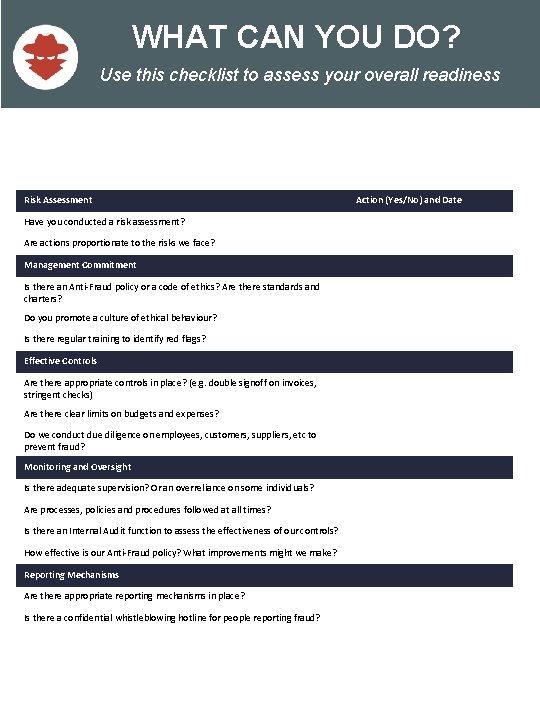 WHAT CAN YOU DO? Use this checklist to assess your overall readiness Risk Assessment