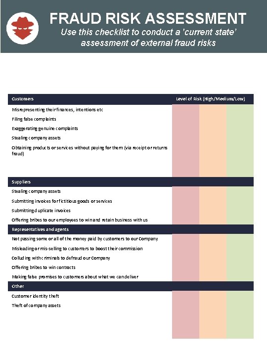 FRAUD RISK ASSESSMENT Use this checklist to conduct a 'current state’ assessment of external